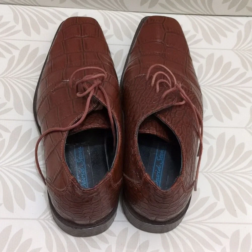 Men's Brown Faux Leather Croc Embossed Oxford Dress Shoes Square Toe 11D